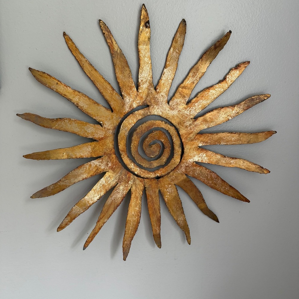 Vintage Gold Metal Sunburst Wall Art Spiral Sun Rays Brutalist Decor 20 Inch